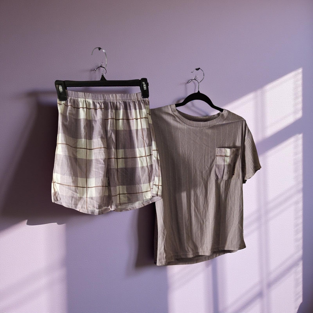 NWOT Oversized CS Plaid Pajama Short Set in light purple